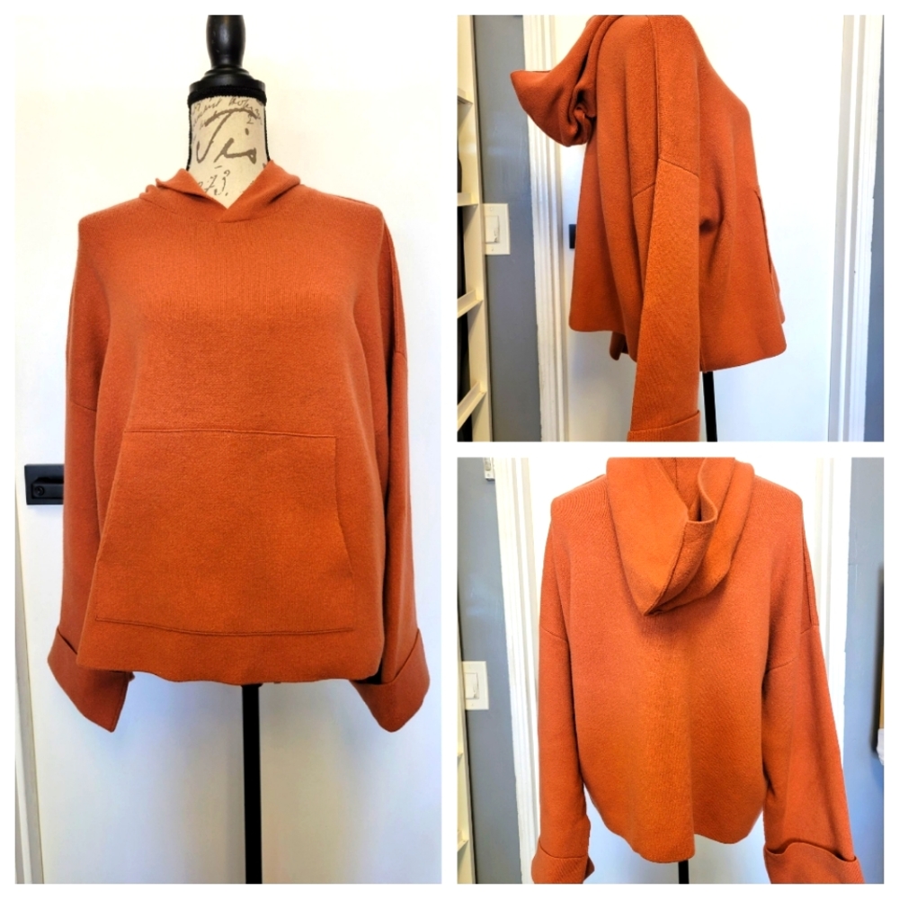 Zara Women Rust Orange Oversized Streetwear Drop Shoulder Pullover Hoodie Size S